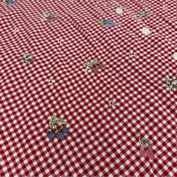Teddi Women’s Red Check Embroidered Fruit Roll Tab Sleeve Button Down Top 3X/C63 - Picture 10 of 13